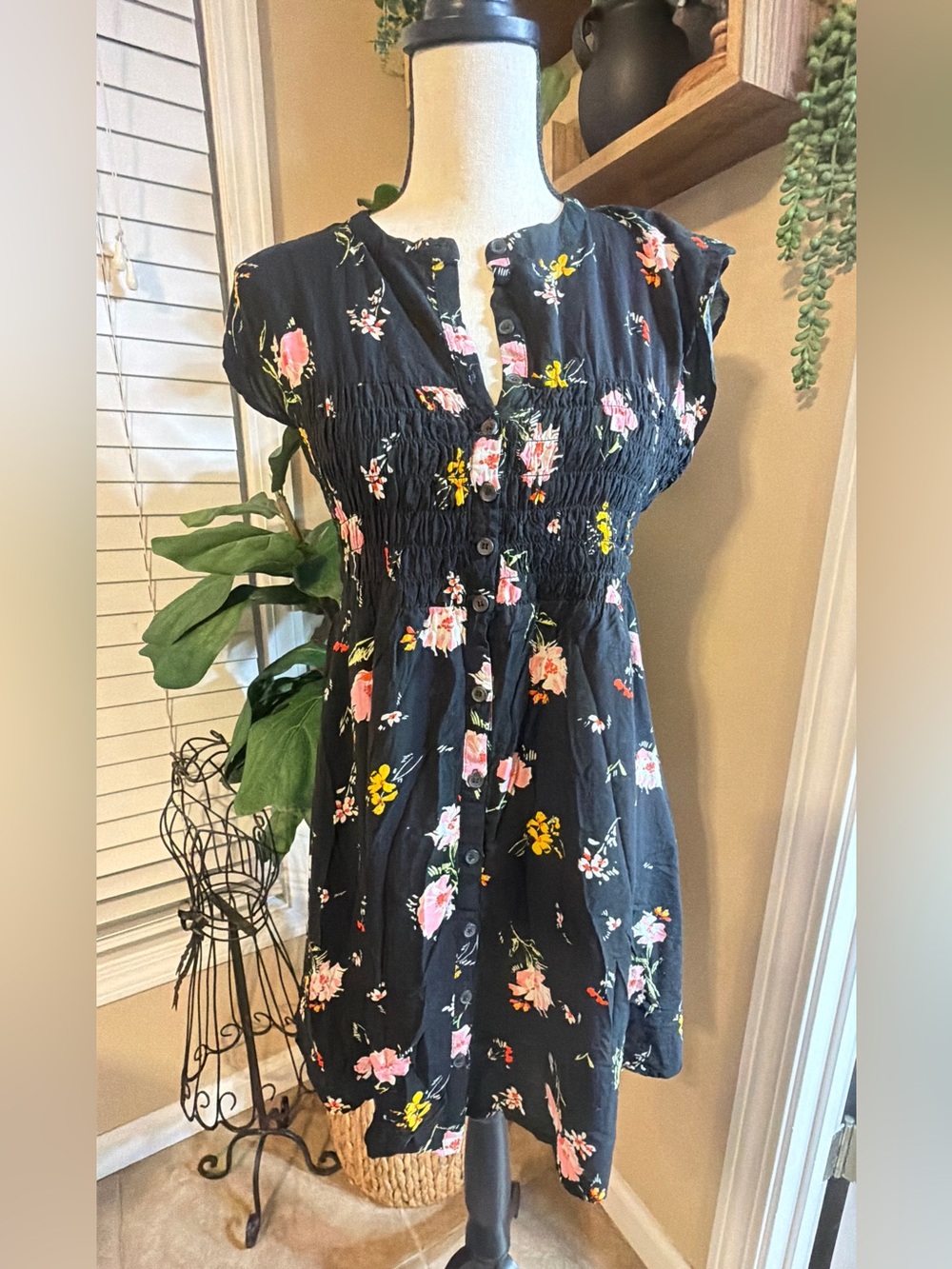 Free People Black Floral Button-Front Smocked Babydoll Dress